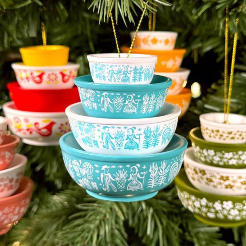 1 PCS Vintage Stack Bowl Christmas Ornament Vintage Stacking Bowls Ornament Miniature Bowl Stack Ornament Xmas Tree Hanging Decor