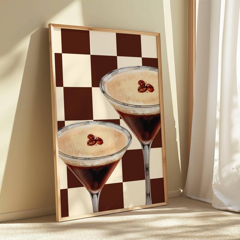 LetsRoll Espresso Martini Art Print, Beige Bar Cart Decor, Cocktail Poster, Retro Checkered Wall Art, Trendy Kitchen Print Unframe