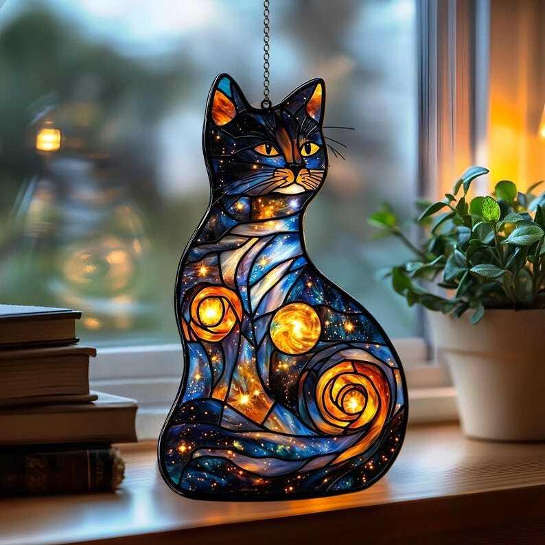 Black Cat and Moon Cat Memorial SunCatcher Light Catcher Window Hanging Cat Home Decoration Cat Lover Gifts cat universe cat mom gift