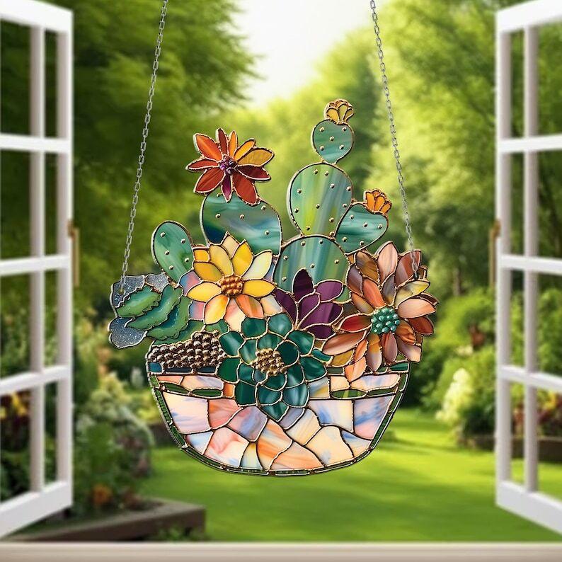 Succulent and Cactus Flower Pot 2D Acrylic Ornament Window Hanging, Succulent Flower Room Decor, Succulent Wall Art Decoration, Succulent Lover Gift