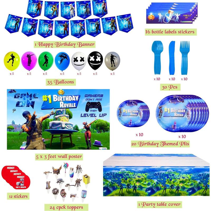 Gaming Party Supplies Birthday Decoration Set 142 Pack - Balloons, Toppers, Bottle Stickers Labels, Stickers, Wall Poster, Banner Video Game Themed & More