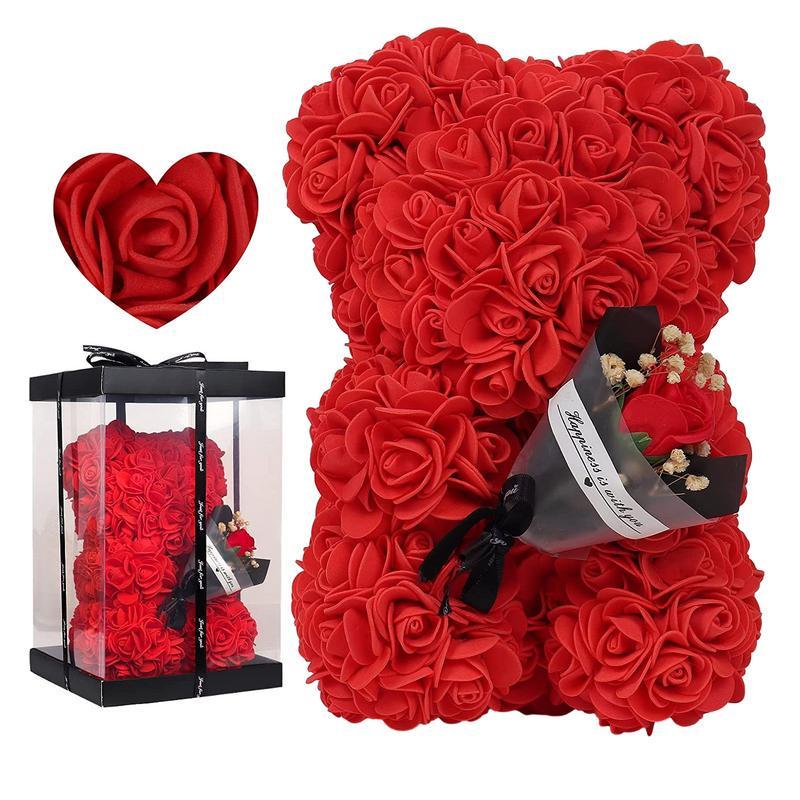 Flower Bear 9.45in Artificial Forever Flower Rose With Clear Box Handmade Romantic Decorative Valentines Day Bear Gift For Her