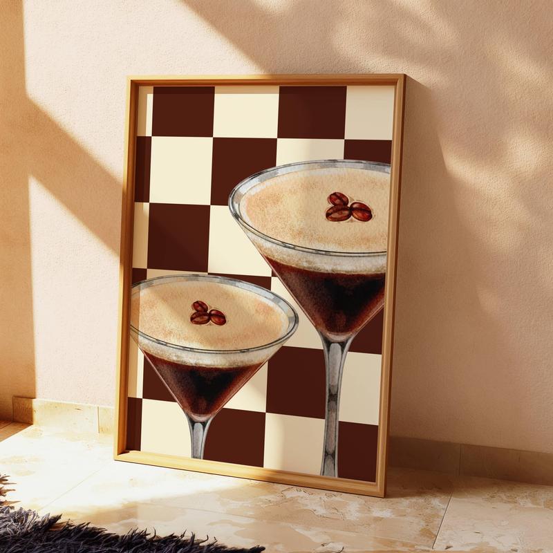 LetsRoll Espresso Martini Art Print, Beige Bar Cart Decor, Cocktail Poster, Retro Checkered Wall Art, Trendy Kitchen Print Unframe