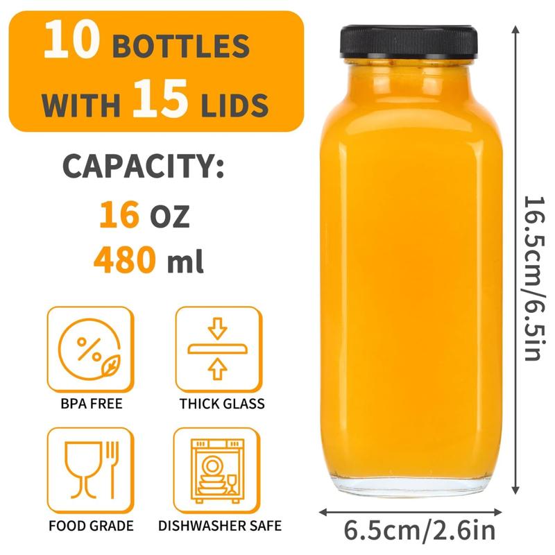 10pcs 16oz Glass Juice Bottles with Lids, Reusable Juice Containers Drinking Jars Water Cups with Brush, Glass Straws, Lids with Hole