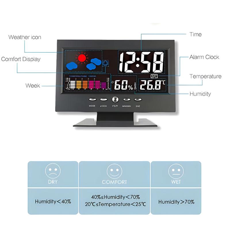 Digital LED Desk Alarm Clock Date Time Week Temp Humidity Weather Display Snooze