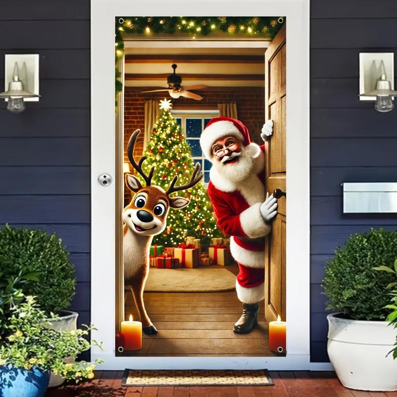 Christmas Themed Door Banner, 1 Count Santa Claus & Reindeer Pattern Door Hanging Banner, Festive & Party Supplies for Home Living Room Bedroom