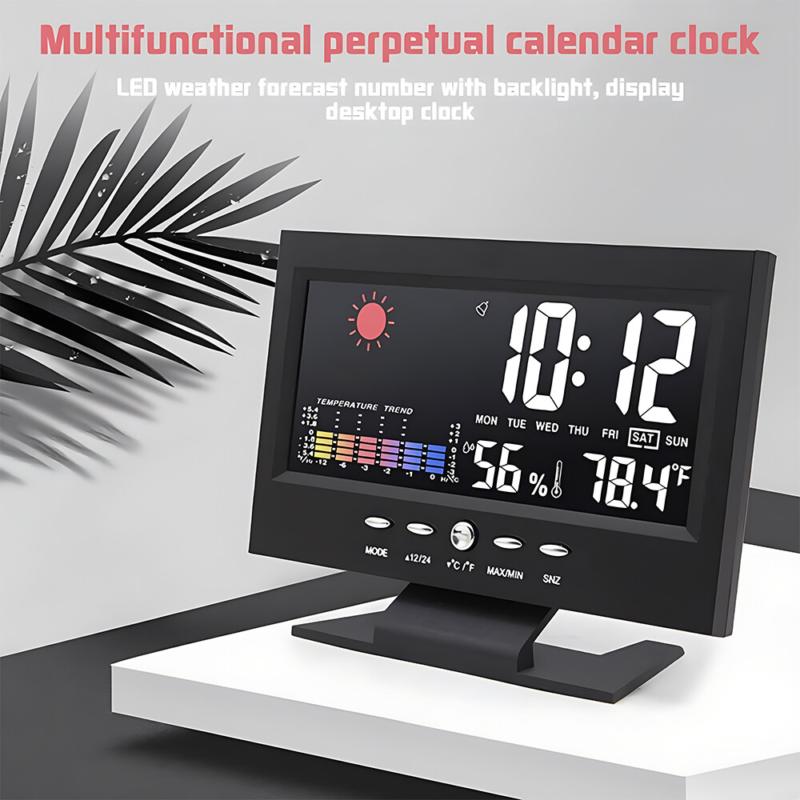 Digital LED Desk Alarm Clock Date Time Week Temp Humidity Weather Display Snooze