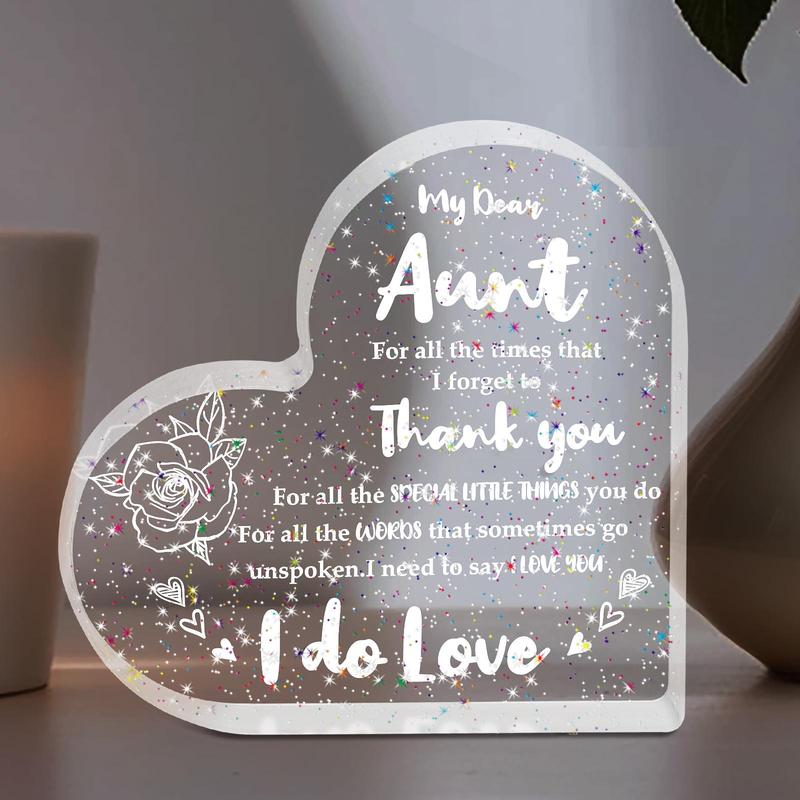 Heart & Letter Design Acrylic Plaque, 1 Count Sparkly Transparent Heart Acrylic Plaque, Thank You Gift & Love You Gift for Aunt, Birthday Gift for Aunt