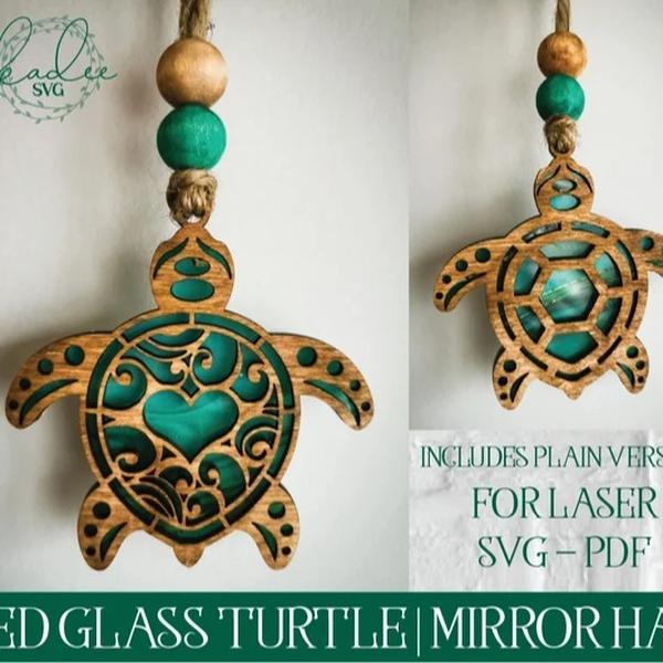 Laser Cut File, Glowforge, Turtle Mirror Hanger, Turtle Ornament, Stained Glass, Laser Cut Turtle, Turtle Laser SVG, Glowforge Turtle