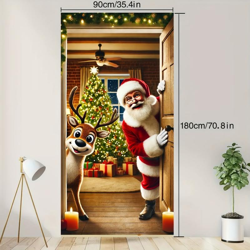 Christmas Themed Door Banner, 1 Count Santa Claus & Reindeer Pattern Door Hanging Banner, Festive & Party Supplies for Home Living Room Bedroom