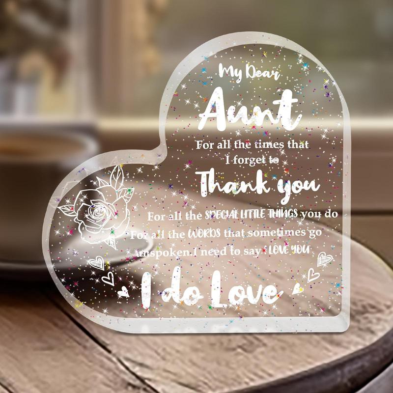 Heart & Letter Design Acrylic Plaque, 1 Count Sparkly Transparent Heart Acrylic Plaque, Thank You Gift & Love You Gift for Aunt, Birthday Gift for Aunt