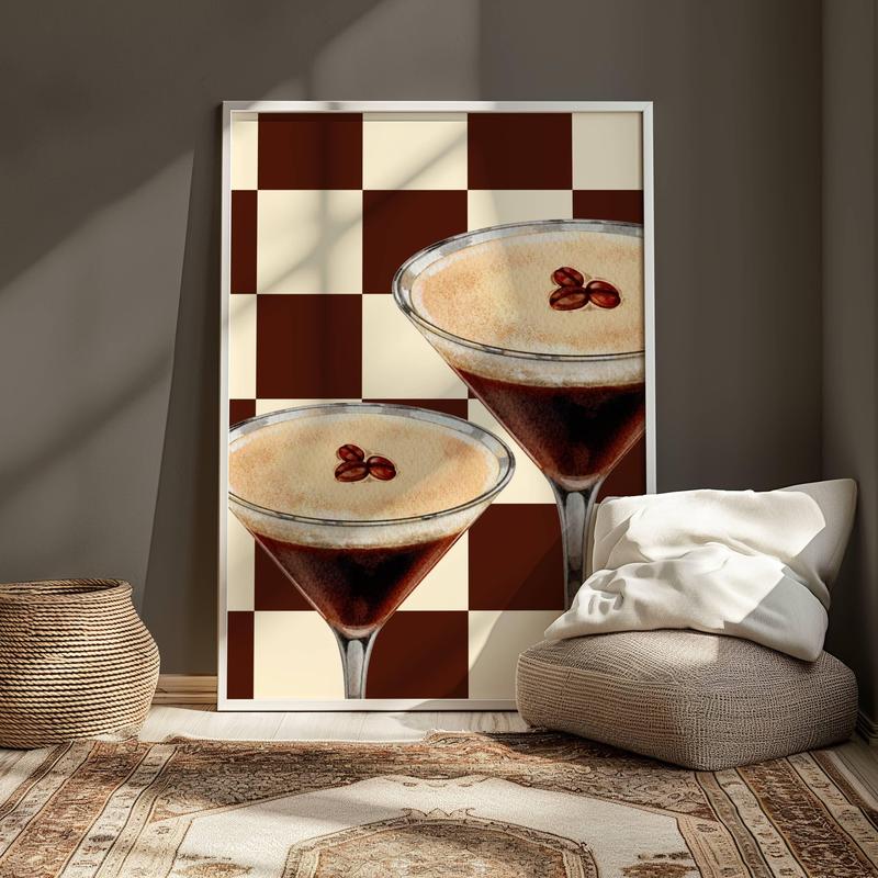 LetsRoll Espresso Martini Art Print, Beige Bar Cart Decor, Cocktail Poster, Retro Checkered Wall Art, Trendy Kitchen Print Unframe