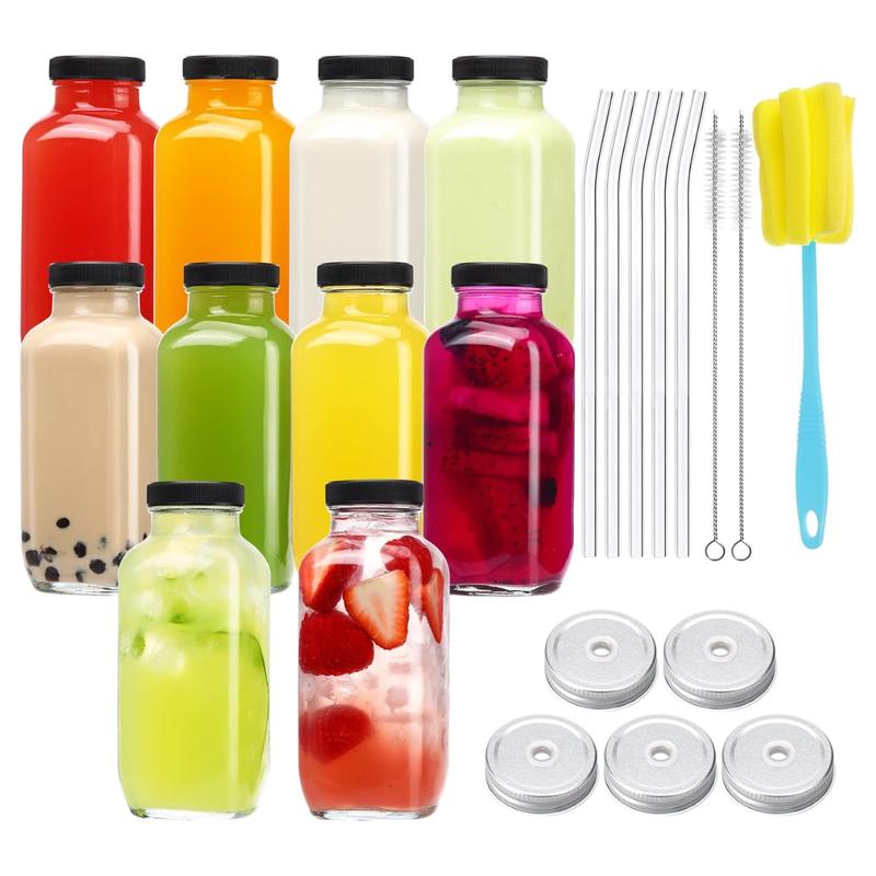 10pcs 16oz Glass Juice Bottles with Lids, Reusable Juice Containers Drinking Jars Water Cups with Brush, Glass Straws, Lids with Hole