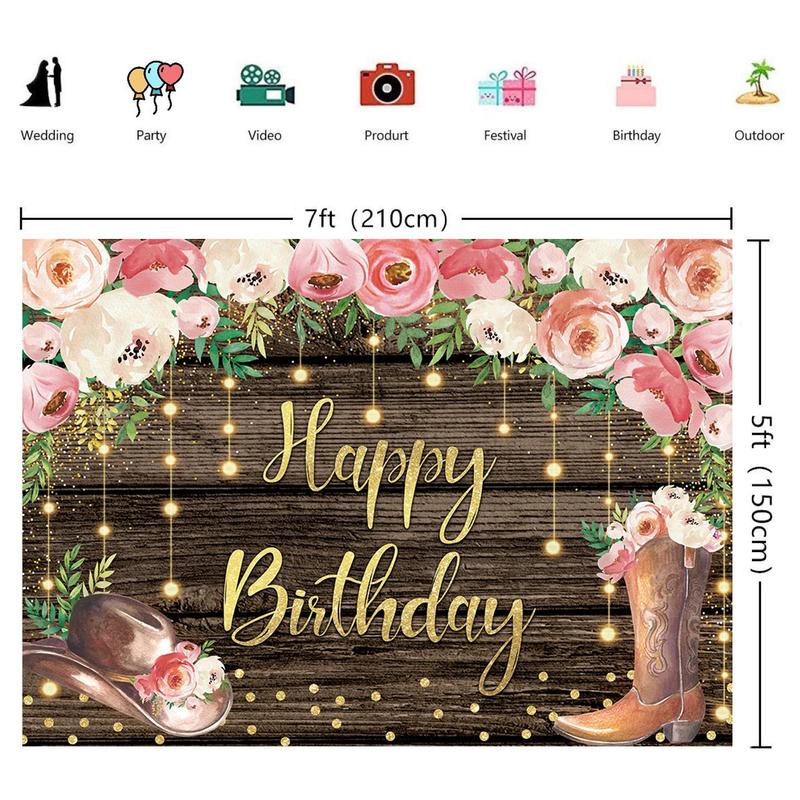 Cowgirl Boots Pattern Happy Birthday Backdrop, Boho Style Wall Hanging Banner, Wall Decor for Home Living Room Bedroom