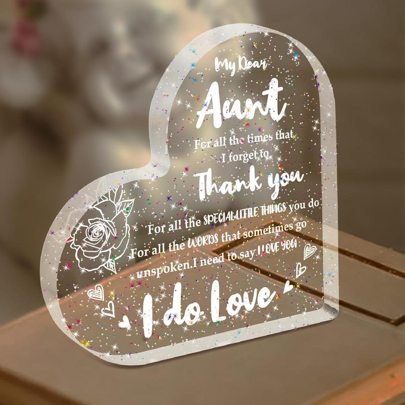 Heart & Letter Design Acrylic Plaque, 1 Count Sparkly Transparent Heart Acrylic Plaque, Thank You Gift & Love You Gift for Aunt, Birthday Gift for Aunt