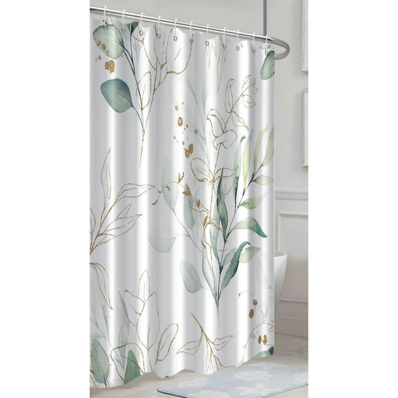 Sage Green Eucalyptus Shower Curtain, Spring Plant Leaves Shower Curtain Waterproof Fabric Watercolor Green and Gold Shower Curtain Set with Hooks, 72x72 Inch