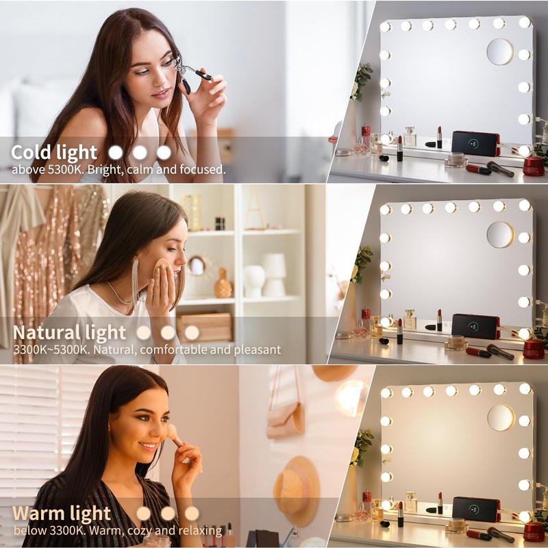 Vanity Mirror with Lights, 3 Color Lights Touch Control, Tabletop or Wall-Mounted,Detachable 10X Magnification and USB Charging Port (22.8''x18.9'')