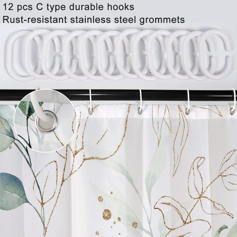 Sage Green Eucalyptus Shower Curtain, Spring Plant Leaves Shower Curtain Waterproof Fabric Watercolor Green and Gold Shower Curtain Set with Hooks, 72x72 Inch