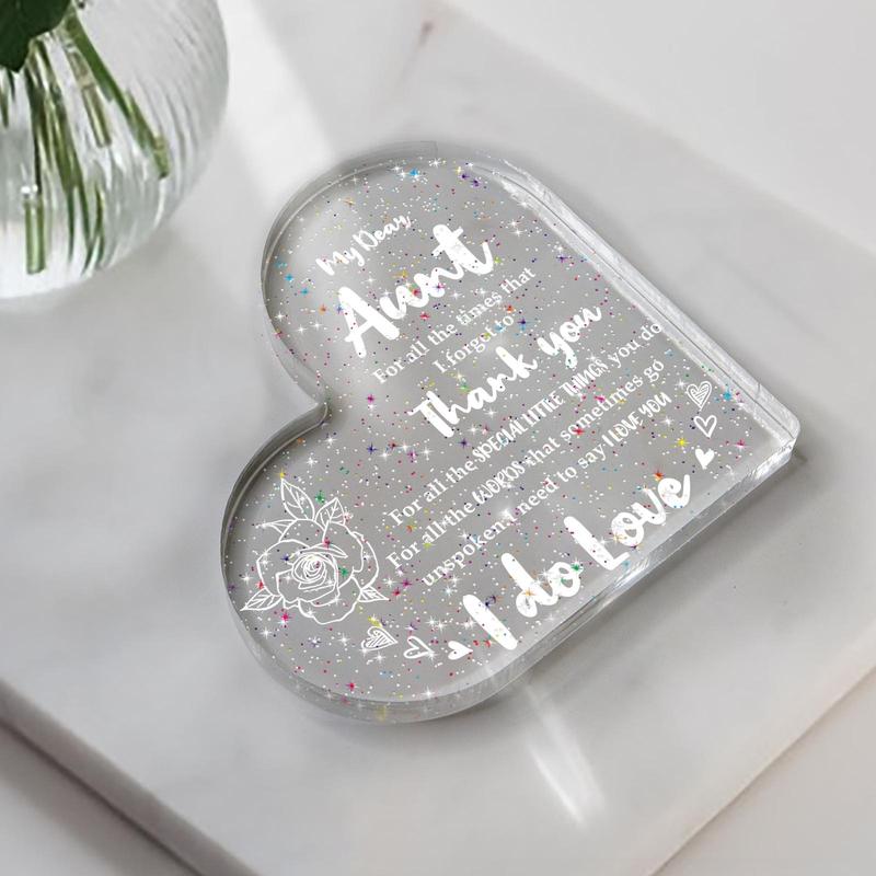 Heart & Letter Design Acrylic Plaque, 1 Count Sparkly Transparent Heart Acrylic Plaque, Thank You Gift & Love You Gift for Aunt, Birthday Gift for Aunt