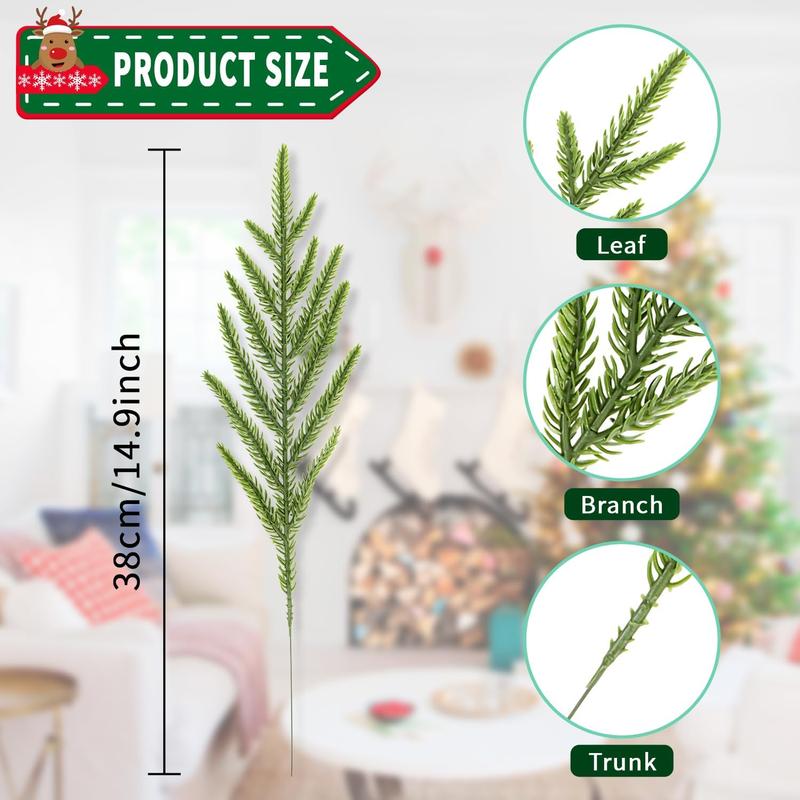 30 Pcs Christmas Real Touch Norfolk Stems, 15Inch Artificial Pine Branches Faux Evergreen Pine Sprigs Fake Foliage Greenery Picks for Christmas Wreath Making DIY Crafts Home Decoration (30, Green) Artificial Pine