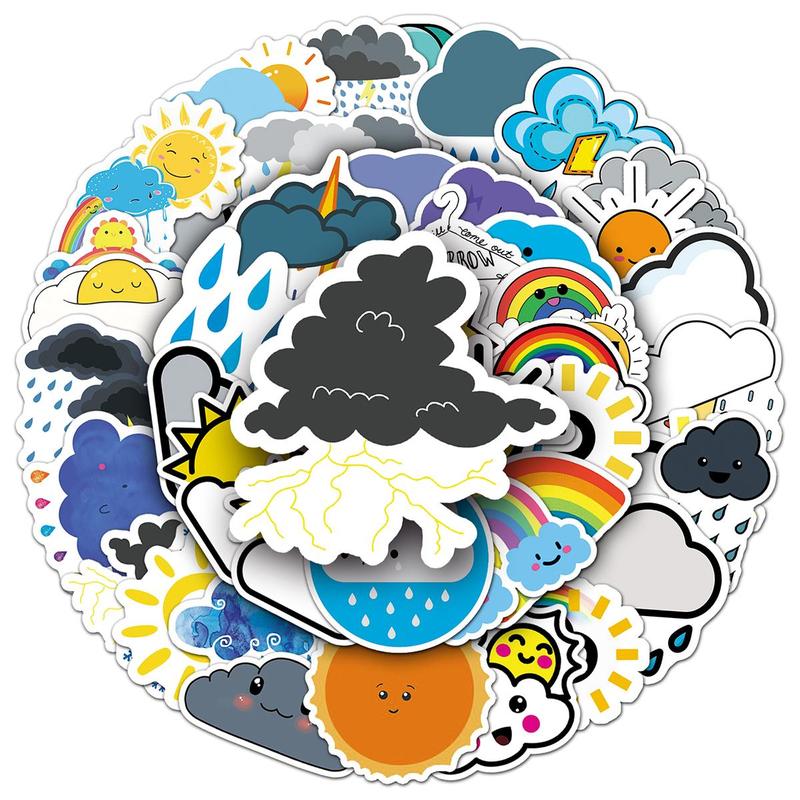 50pcs Set Random Color Cartoon Weather Pattern Sticker, Waterproof Self Adhesive Decor Paper, Decor Sticker for Gift Greeting Card Water Bottle Laptop Phone