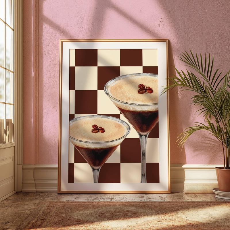 LetsRoll Espresso Martini Art Print, Beige Bar Cart Decor, Cocktail Poster, Retro Checkered Wall Art, Trendy Kitchen Print Unframe