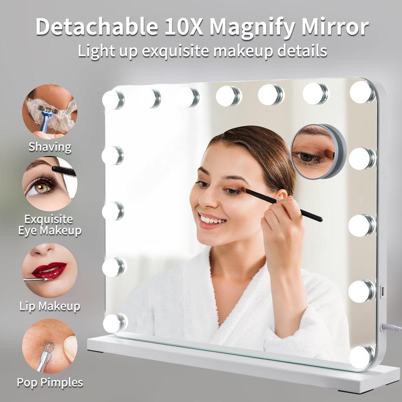 Vanity Mirror with Lights, 3 Color Lights Touch Control, Tabletop or Wall-Mounted,Detachable 10X Magnification and USB Charging Port (22.8''x18.9'')