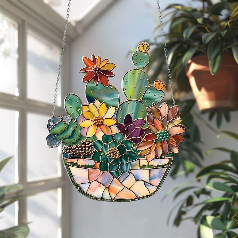 Succulent and Cactus Flower Pot 2D Acrylic Ornament Window Hanging, Succulent Flower Room Decor, Succulent Wall Art Decoration, Succulent Lover Gift