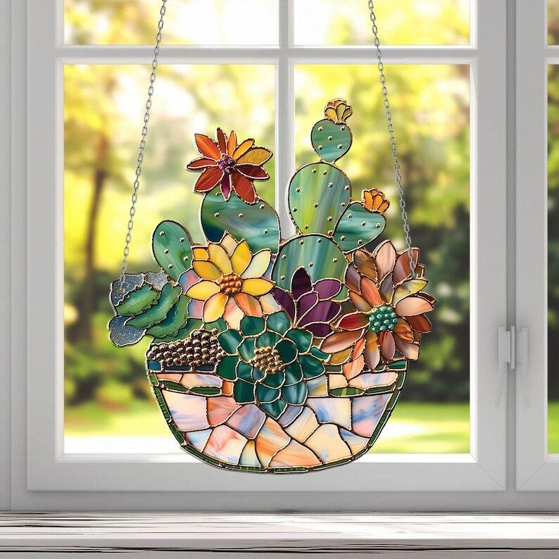 Succulent and Cactus Flower Pot 2D Acrylic Ornament Window Hanging, Succulent Flower Room Decor, Succulent Wall Art Decoration, Succulent Lover Gift