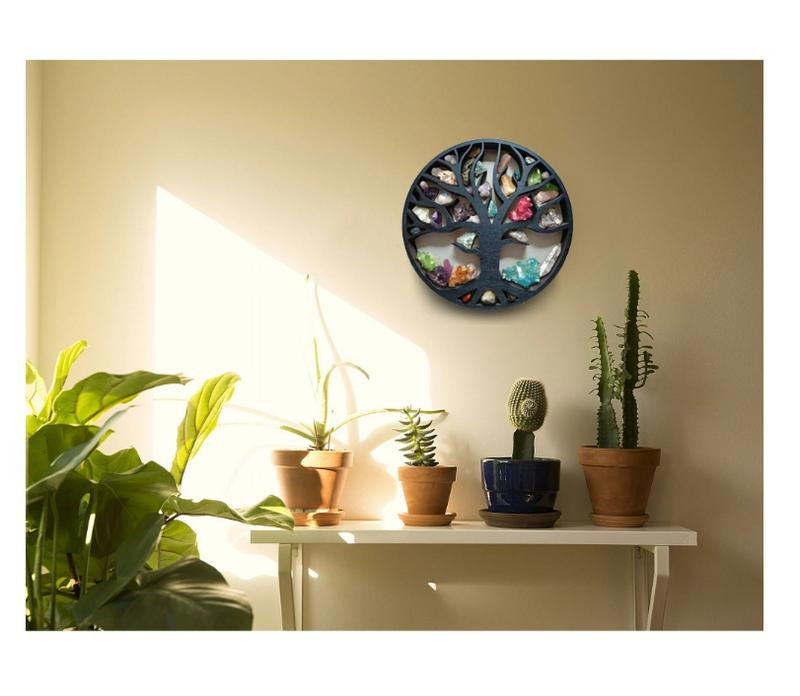 Wall Mounted Wooden Crystal Shelf for Moon Display, Essential Oil and Small Plant Art