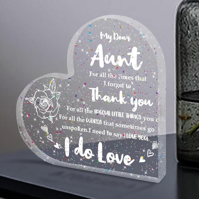 Heart & Letter Design Acrylic Plaque, 1 Count Sparkly Transparent Heart Acrylic Plaque, Thank You Gift & Love You Gift for Aunt, Birthday Gift for Aunt