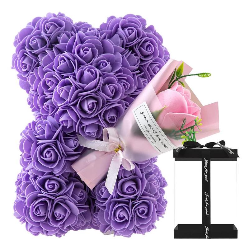 Flower Bear 9.45in Artificial Forever Flower Rose With Clear Box Handmade Romantic Decorative Valentines Day Bear Gift For Her