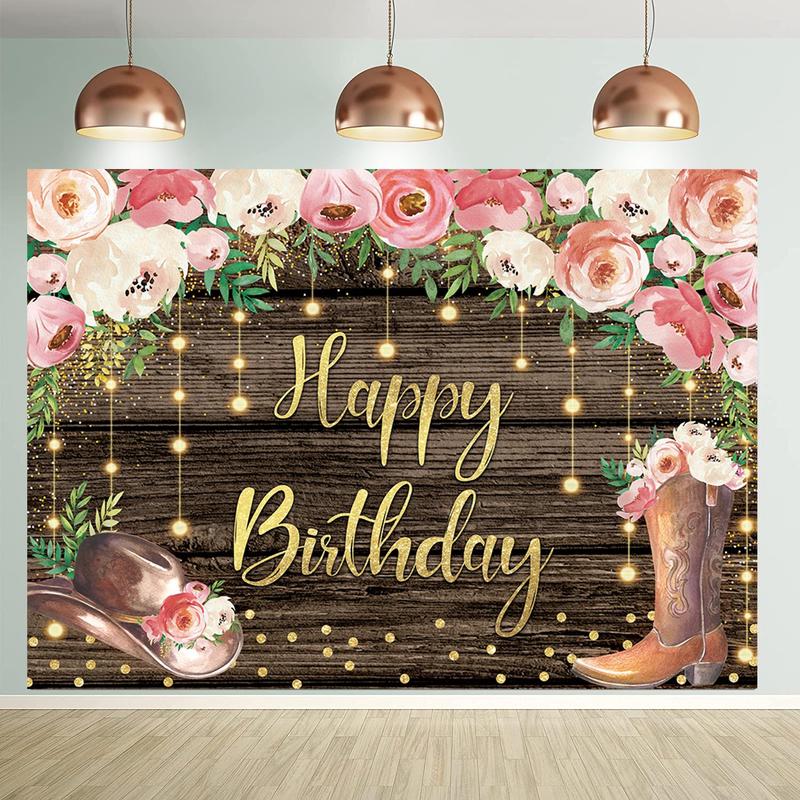 Cowgirl Boots Pattern Happy Birthday Backdrop, Boho Style Wall Hanging Banner, Wall Decor for Home Living Room Bedroom