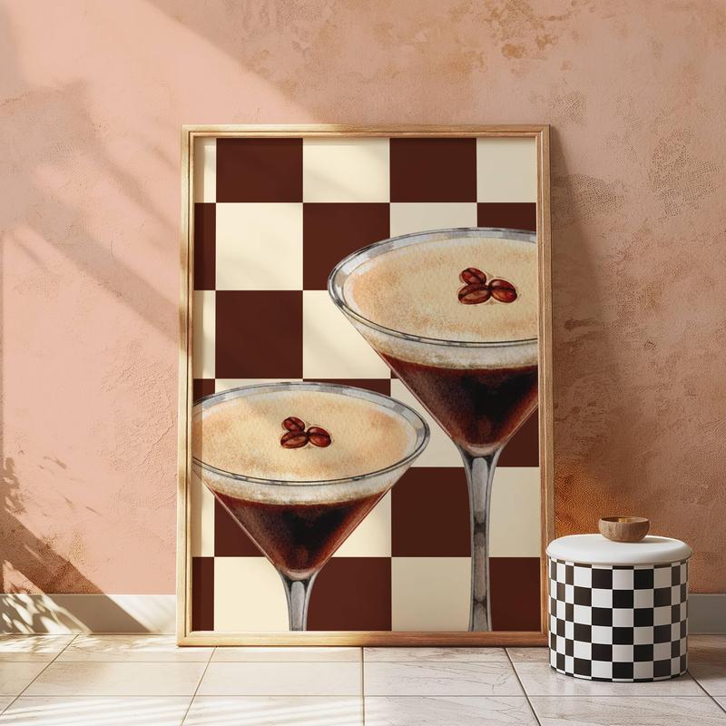 LetsRoll Espresso Martini Art Print, Beige Bar Cart Decor, Cocktail Poster, Retro Checkered Wall Art, Trendy Kitchen Print Unframe