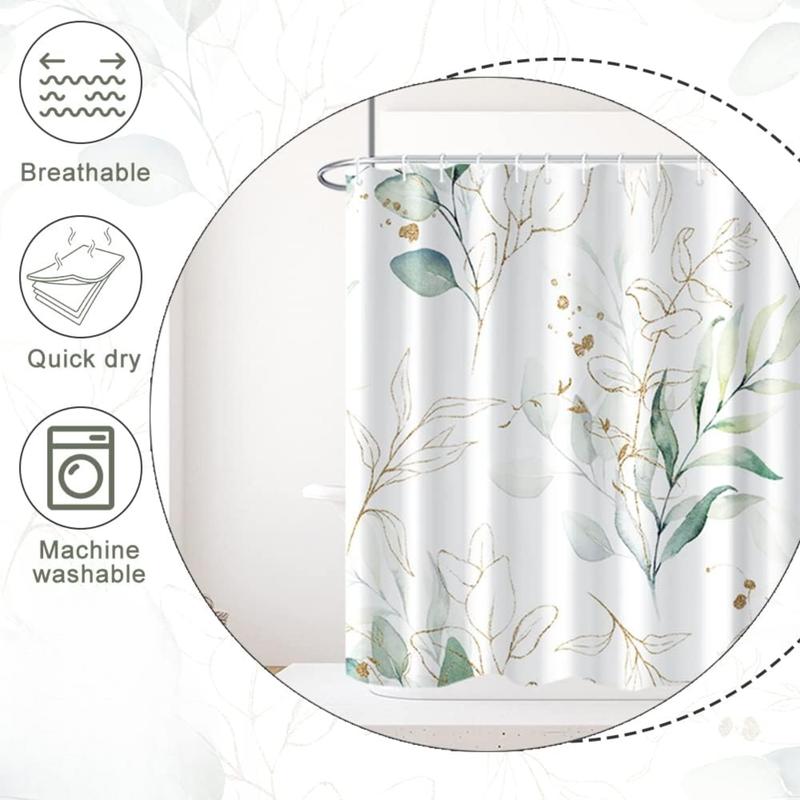 Sage Green Eucalyptus Shower Curtain, Spring Plant Leaves Shower Curtain Waterproof Fabric Watercolor Green and Gold Shower Curtain Set with Hooks, 72x72 Inch