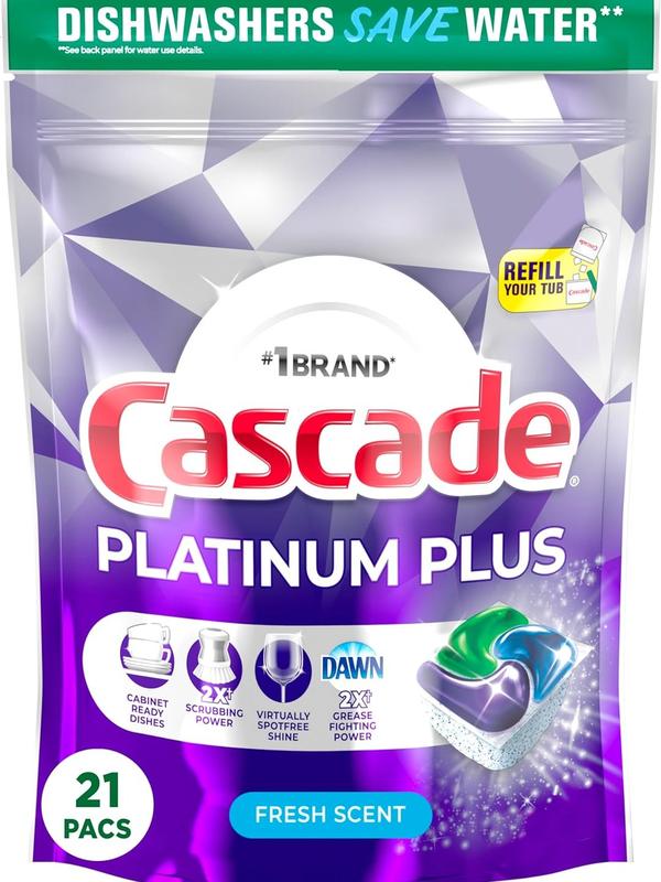 Cascade Platinum Plus Dishwasher Pods, Dish Detergent ActionPacs, Fresh, 21 Count