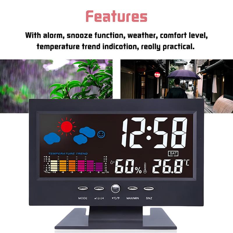 Digital LED Desk Alarm Clock Date Time Week Temp Humidity Weather Display Snooze