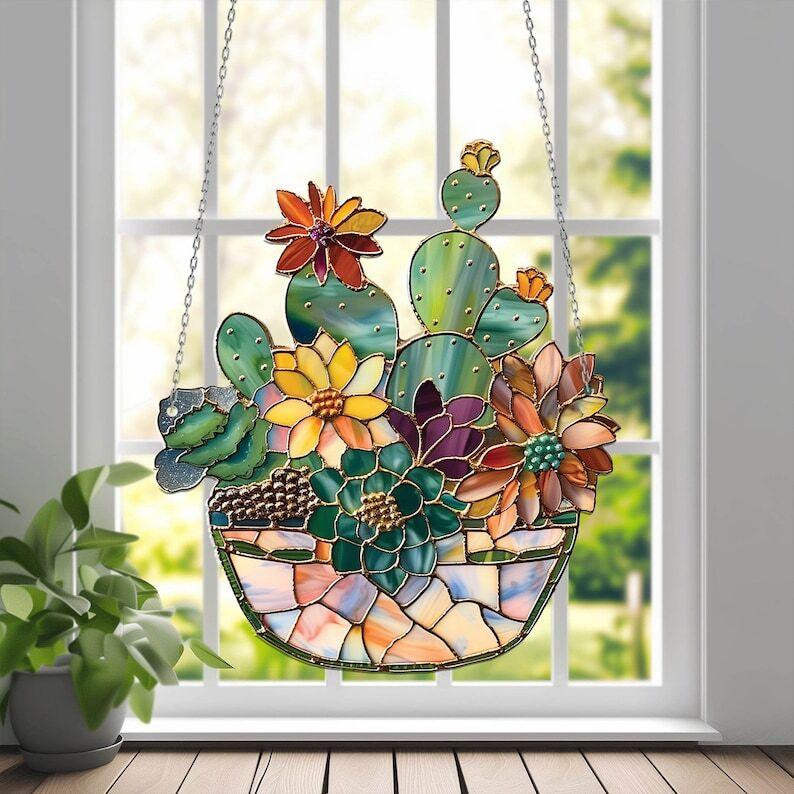 Succulent and Cactus Flower Pot 2D Acrylic Ornament Window Hanging, Succulent Flower Room Decor, Succulent Wall Art Decoration, Succulent Lover Gift