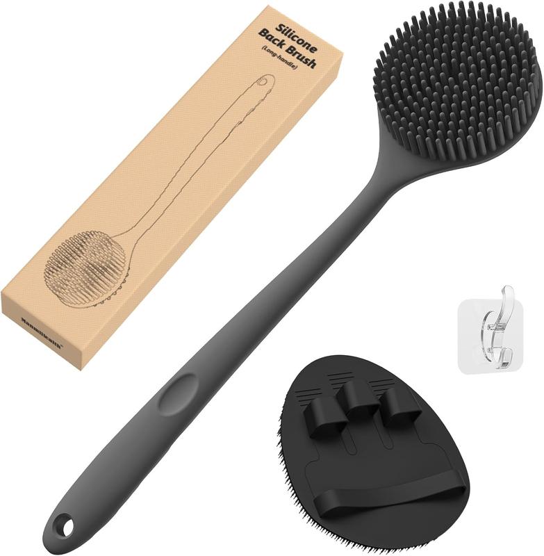 Silicone Back Scrubber & Soft Bath Glove Set, Super-Exfoliating & Lathering Body Scrubber & Shower Brush Combination, with Hanging hook