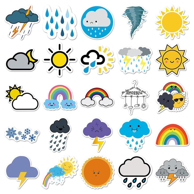 50pcs Set Random Color Cartoon Weather Pattern Sticker, Waterproof Self Adhesive Decor Paper, Decor Sticker for Gift Greeting Card Water Bottle Laptop Phone