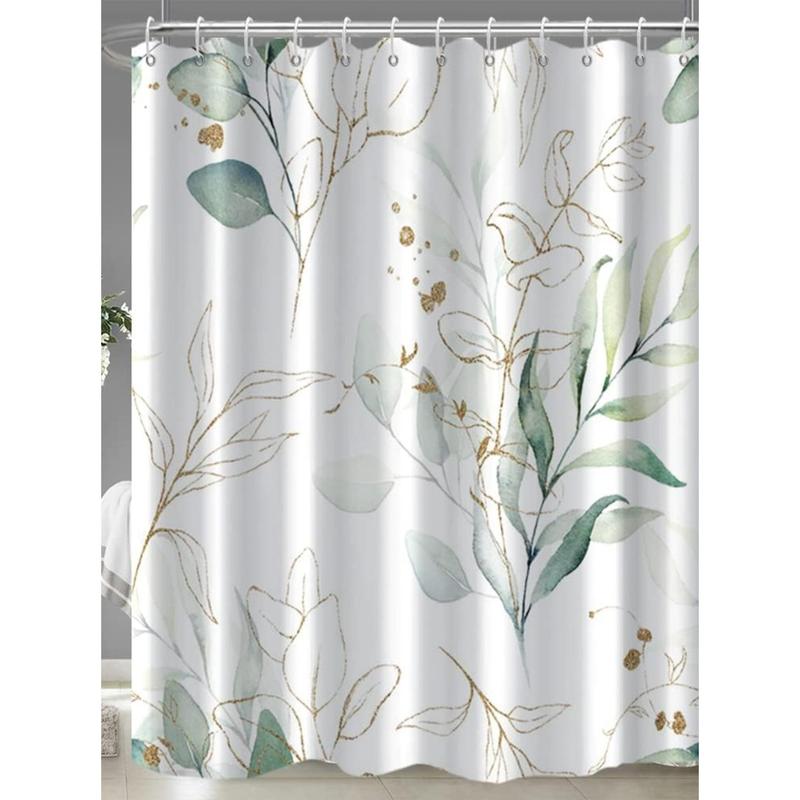 Sage Green Eucalyptus Shower Curtain, Spring Plant Leaves Shower Curtain Waterproof Fabric Watercolor Green and Gold Shower Curtain Set with Hooks, 72x72 Inch