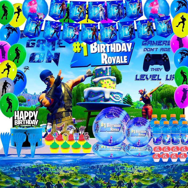 Gaming Party Supplies Birthday Decoration Set 142 Pack - Balloons, Toppers, Bottle Stickers Labels, Stickers, Wall Poster, Banner Video Game Themed & More