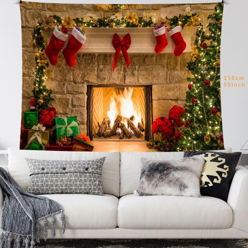 Christmas Themed Tapestry, 1 Count Fireplace Background Wall Cloth, Wall Hanging Decor for Home Living Room Bedroom Study Room