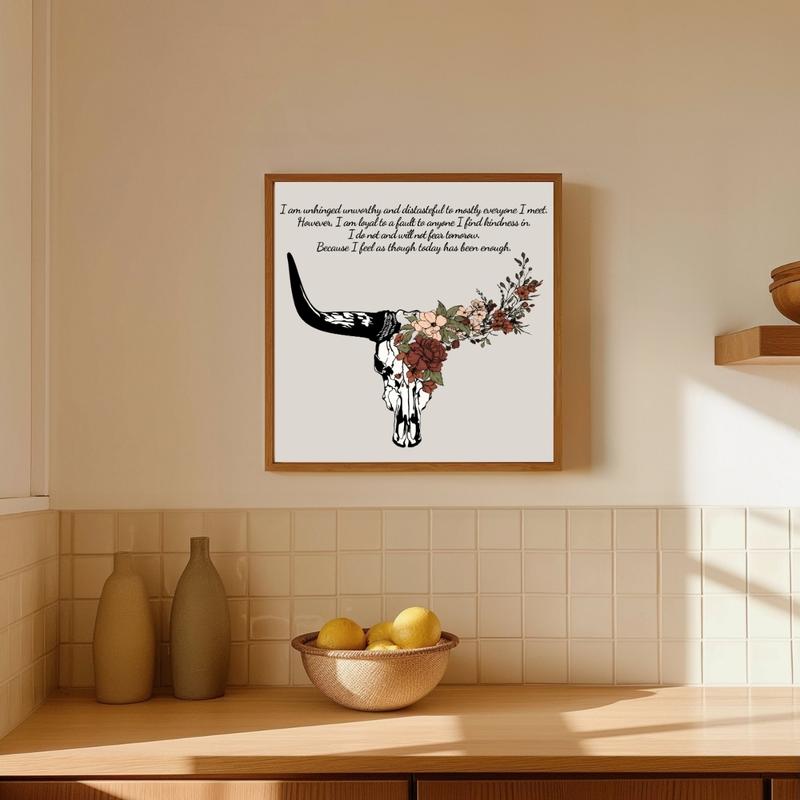 Longhorn Bull Skull With Flower - Fear and Fridays Poster No Frame, Country Music Lyrics, Fear And Friday’s (poem), Western Decor -  Decor Home Decoration