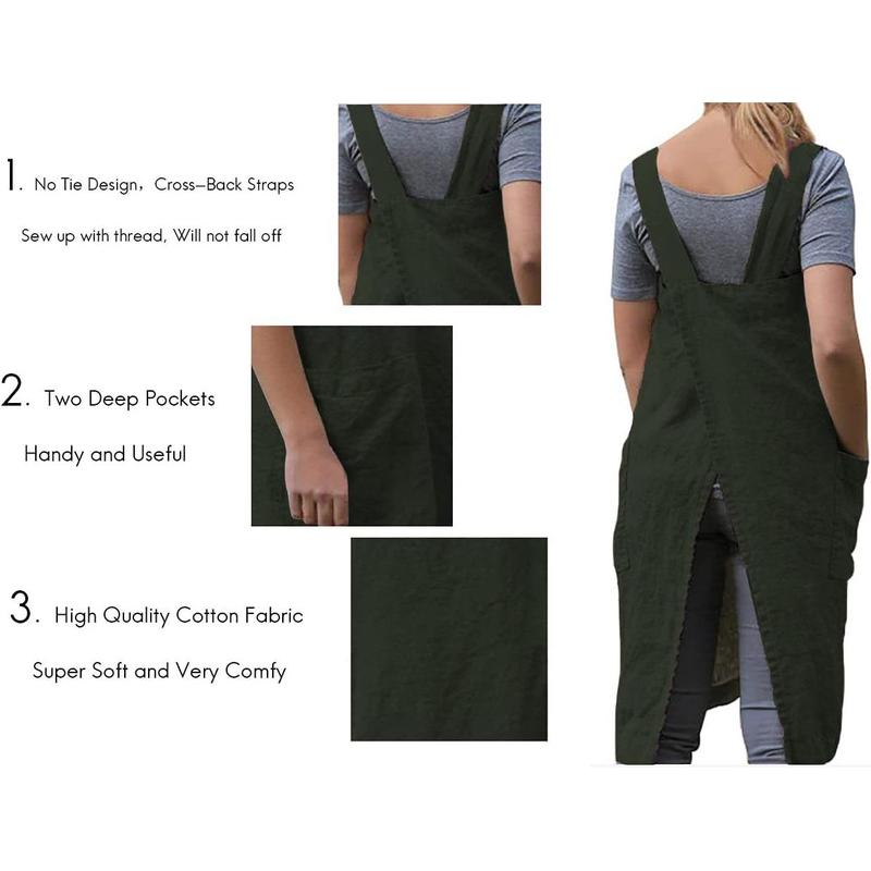 Cotton Linen Apron Cross Back Apron for Women with Big Pockets Square Pinafore Dress for Baking Cooking BBQ & Grill