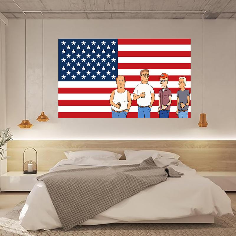 King of the Hill TV Show American Flag Backdrop Anime Cartoon Tapestry 3X5ft with 4 Brass Grommets College Dormitory Bedroom Wall Tapestry Party Backdrop Decoration Indoor Outdoor Tapestry