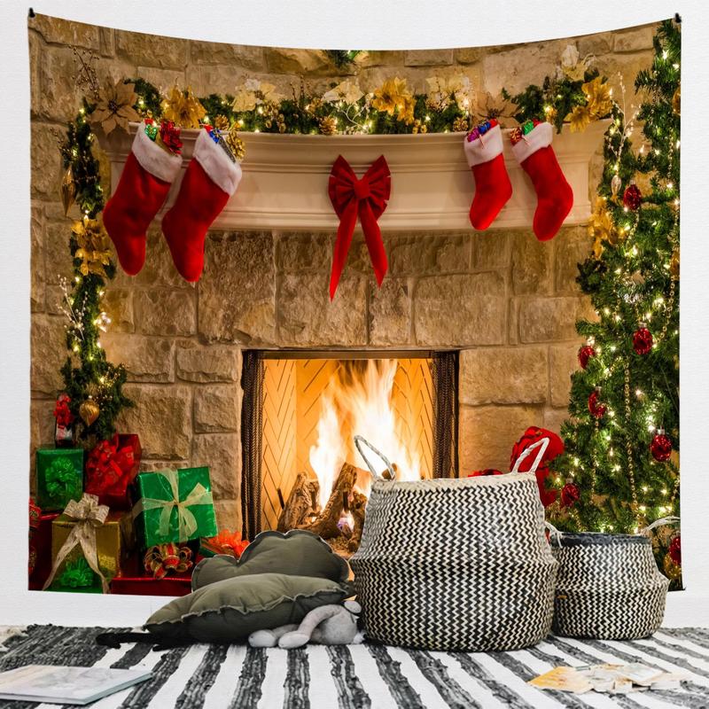 Christmas Themed Tapestry, 1 Count Fireplace Background Wall Cloth, Wall Hanging Decor for Home Living Room Bedroom Study Room