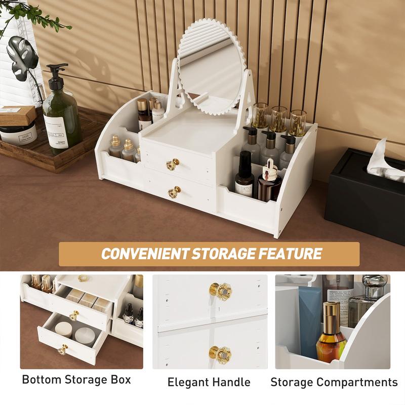 Makeup Storage Organizer for Vanity with Rotating Mirror and 2 Drawers and 4 Compartments