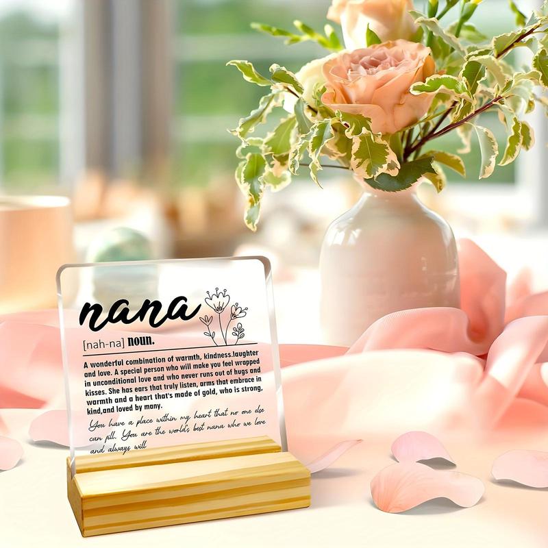 Nana Letter Pattern Acrylic Plaque, Modern Acrylic Ornament with Wooden Base, Creative Desktop Decoration for Home Office, Gift for Grandma