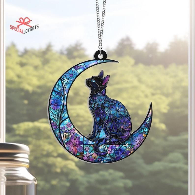 Cat On Moon Window Hanging, Cat Decoration, Cat Lovers Gift, Cat Mom Gift, Cat Decoration, Cat Memorial Gifts, Pet Lover,Wall Art Decoration